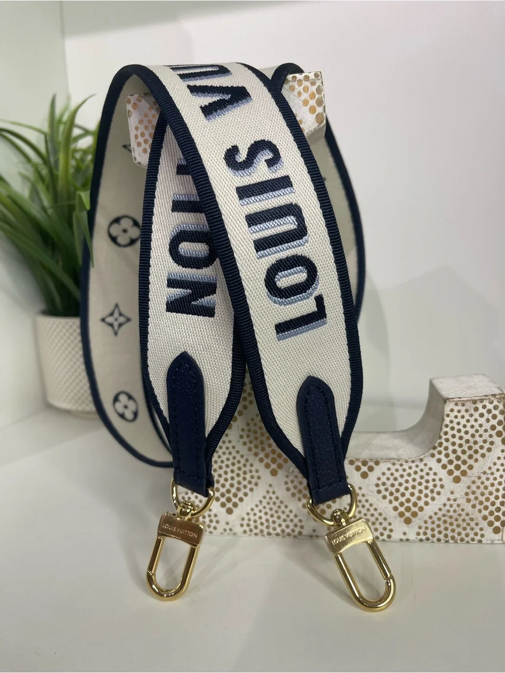Louis Vuitton Navy and Cream Webbing Logo Shoulder Strap with Gold Hardware